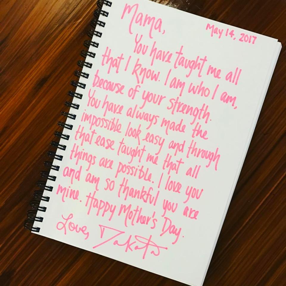 <p>The actress wrote her mama, Heather Joy, a heartfelt note for Mother’s Day. Think she actually mailed it to her? (Photo: <a rel="nofollow noopener" href="https://www.instagram.com/p/BUEwCndAUTP/" target="_blank" data-ylk="slk:Dakota Fanning via Instagram;elm:context_link;itc:0;sec:content-canvas" class="link ">Dakota Fanning via Instagram</a>) </p>