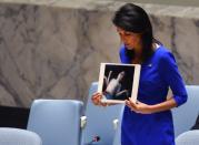 US Ambassador to the UN Nikki Haley holds photos of victims as she speaks at the UN Security Council on April 5, 2017, about the suspected deadly chemical attack that killed civilians, including children, in Syria