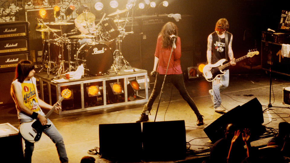 The Ramones perform at the Ritz in New York City, October 6, 1990. From left: Guitarist Johnny Ramone, drummer Marky Ramone, lead vocalist Joey Ramone, and bassist C.J. Ramone. / Credit: Ebet Roberts/Redferns vis Getty Images