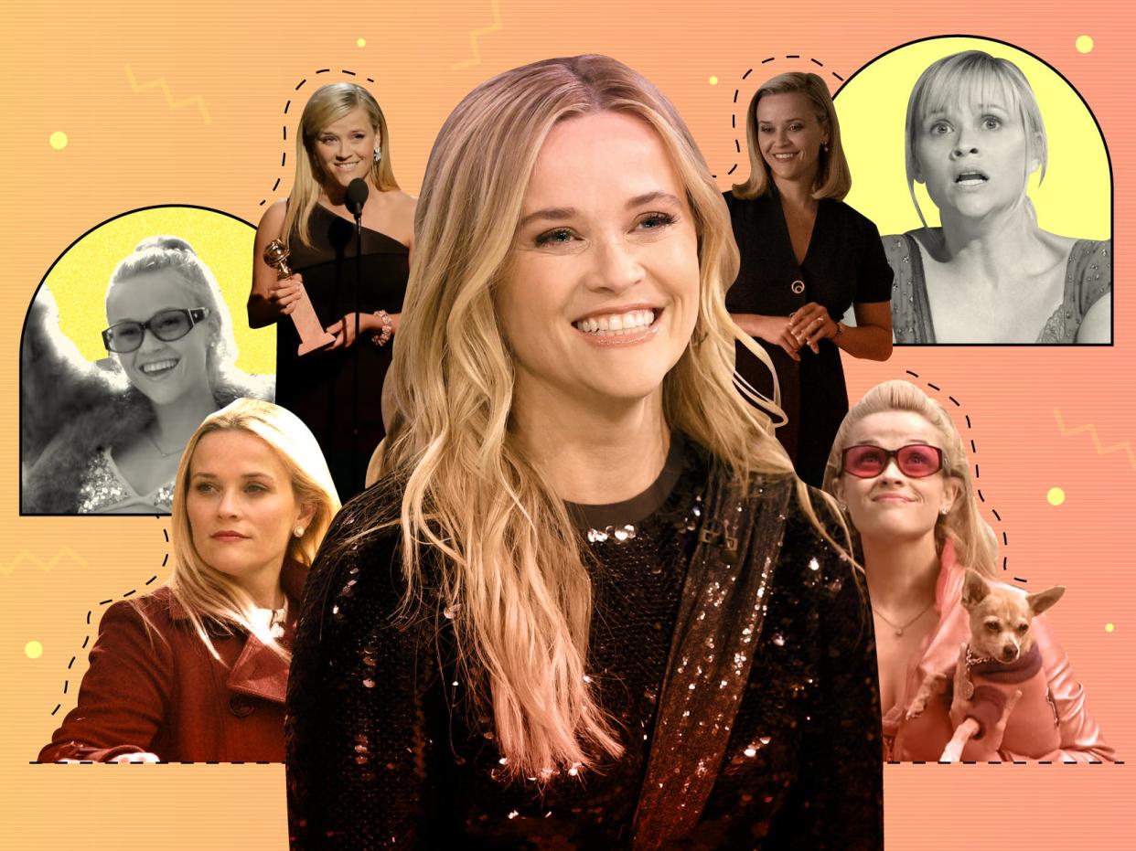 Collage of Reese Witherspoon performances/appearance (from left): "Legally Blonde","Big Little Lies", the 2018 Golden globes, "Little Fires Everywhere" and "Hot Pursuit", and Witherspoon on "The Tonight Show with Jimmy Fallon."