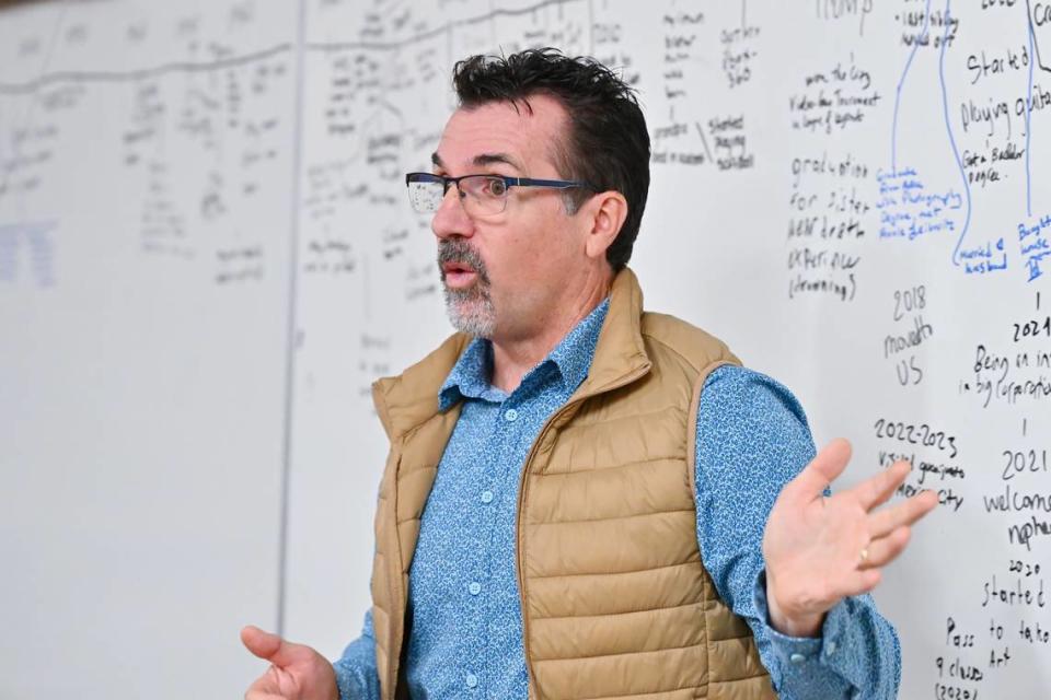 Latino history professor Dominic Cerri talks to his class about understanding timelines on Wednesday, Dec. 6, 2023, at Sacramento City College.