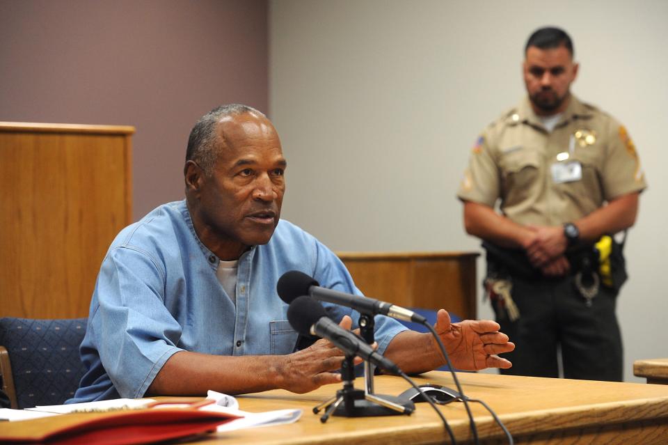 O.J. Simpson attends a parole hearing at Lovelock Correctional Center, July 20, 2017, Lovelock, Nevada. Simpson was serving a prison term of 9 to 33 years for a 2007 armed robbery and kidnapping conviction.