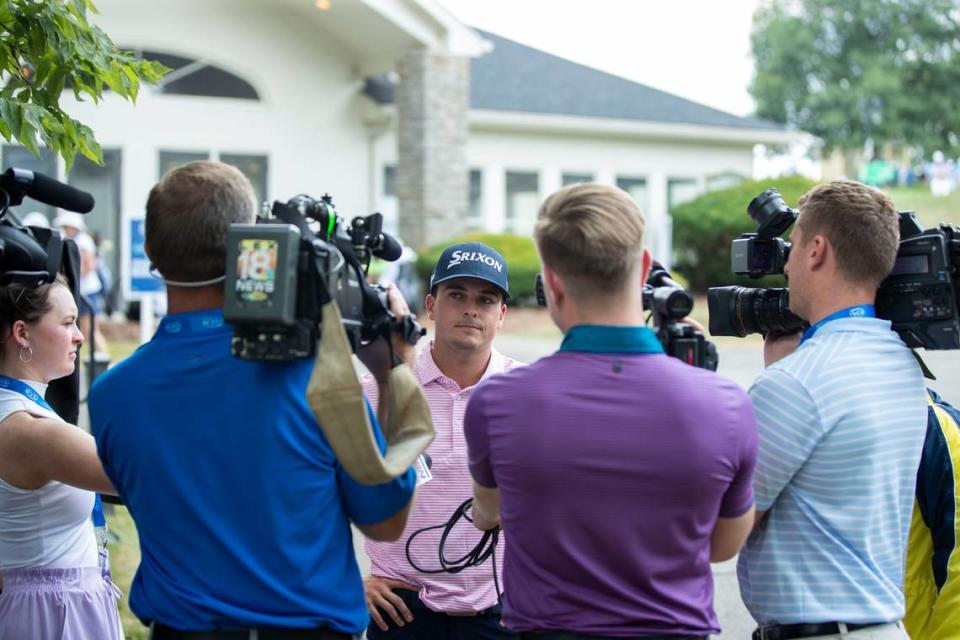 Former Kentucky men’s golfer Alex Goff speaks to the media after making his PGA Tour debut during the 2024 ISCO Championship at Champions at Keene Trace Golf Club in Nicholasville, Ky, on Thursday, July 11, 2024. 