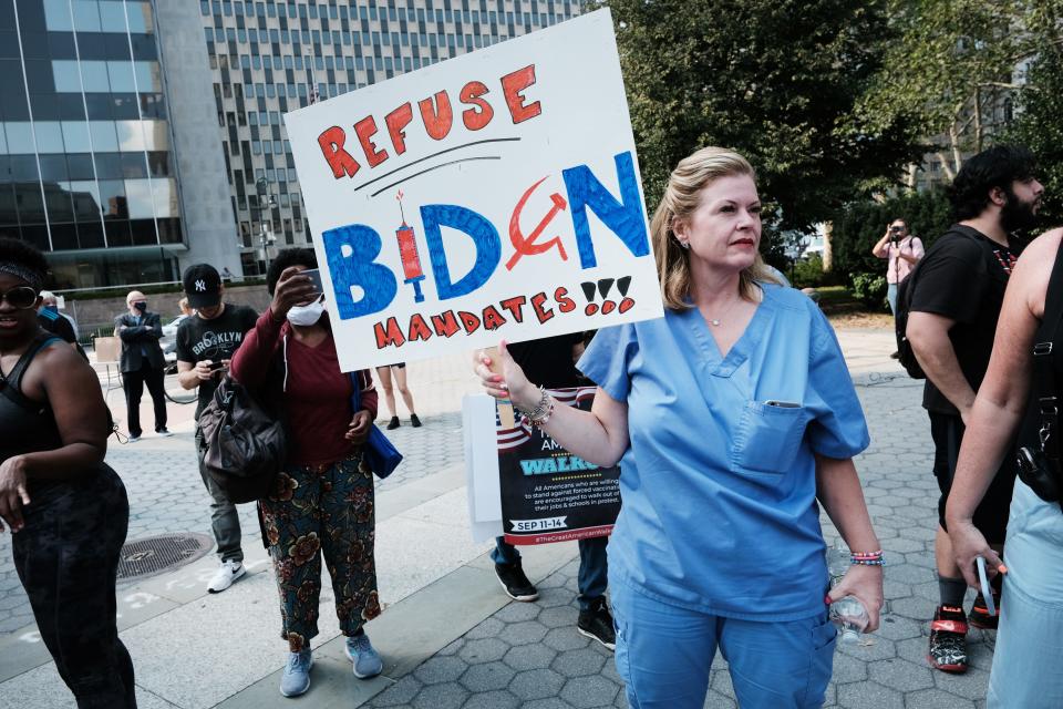 People participate in a rally and march against COVID-19 mandates on September 13, 2021 in New York City.