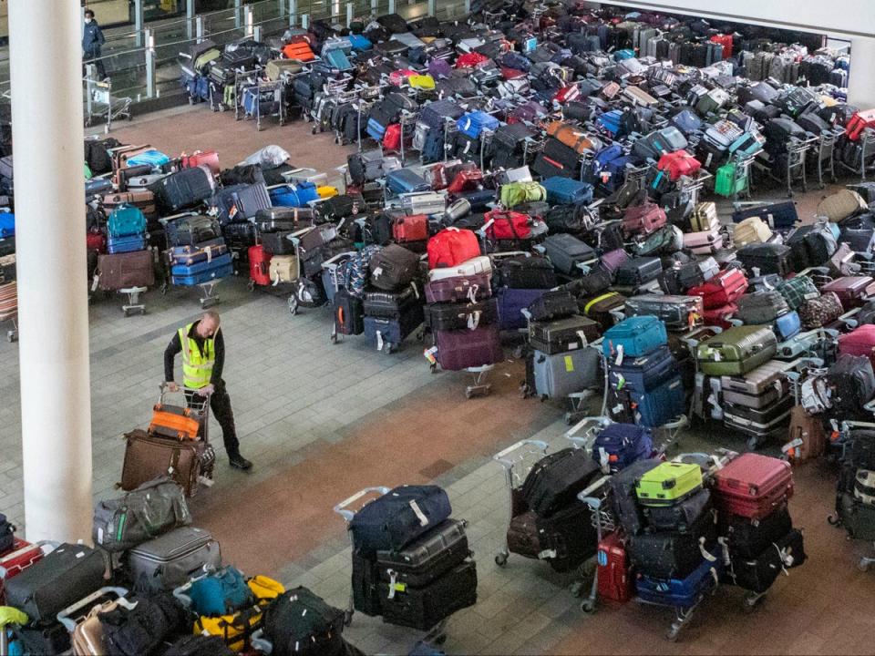 Heaps of luggage piled up pending collection at London Heathrow airport (Belinda Jiao)