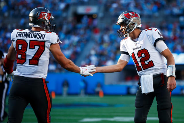 Tampa Bay Buccaneers' Rob Gronkowski reacts as he scores a