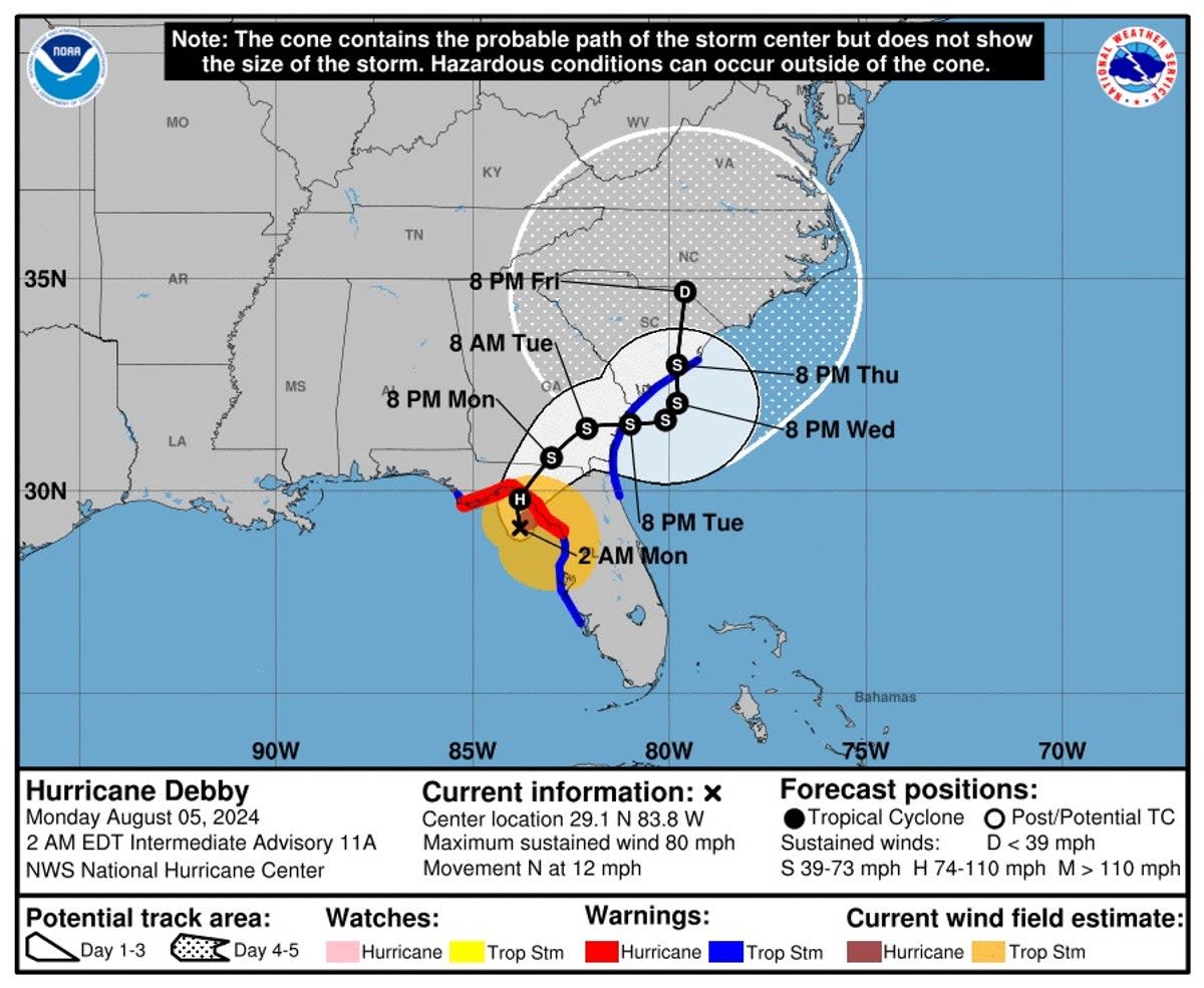 Map shows coastal watches, warnings, and forecast cone for Hurricane Debby’s center (NHC)