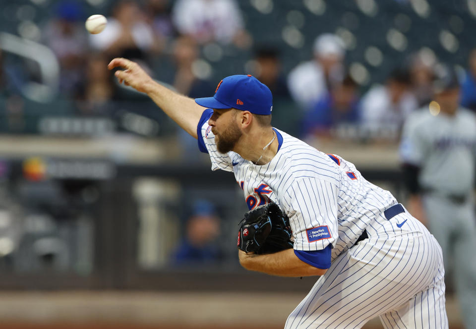 New York Mets' Tylor Megill pitches against the Miami Marlins during the first inning of a baseball game, Tuesday, June 11, 2024, in New York. (AP Photo/Noah K. Murray)