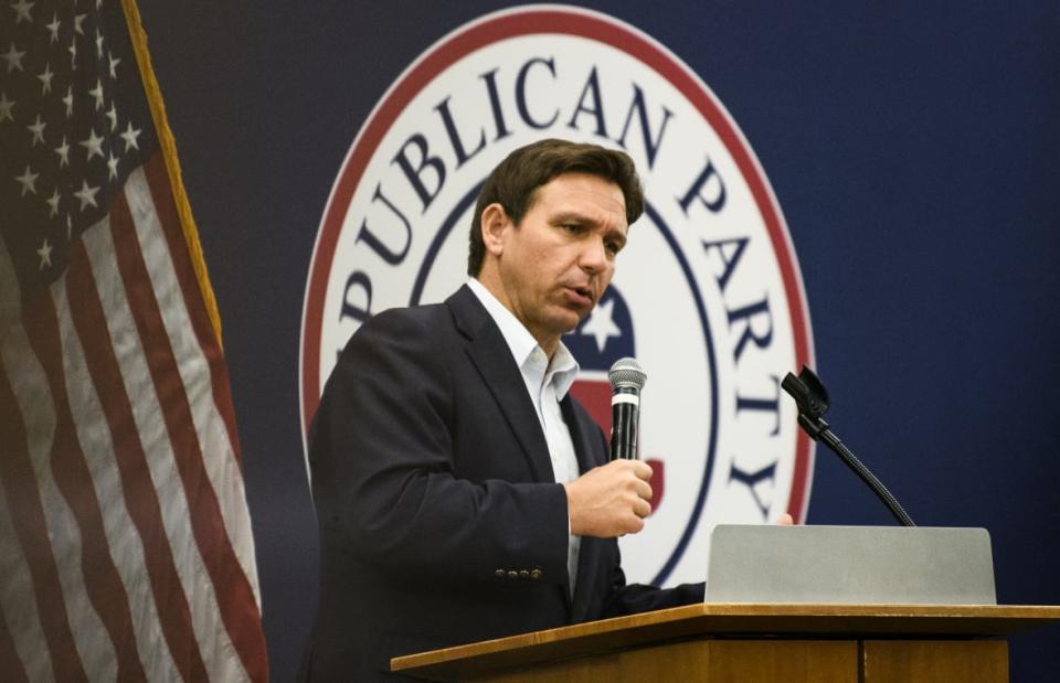 CEDAR RAPIDS, IOWA – MAY 13: Florida Gov. Ron DeSantis speaks during an Iowa GOP reception on May 13, 2023 in Cedar Rapids, Iowa. Although he has not yet announced his candidacy, Gov. DeSantis has received the endorsement of 37 Iowa lawmakers for the Republican presidential nomination next year. (Photo by Stephen Maturen/Getty Images)