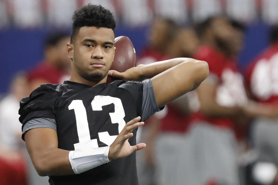 Alabama quarterback Tua Tagovailoa told ESPN that his father used a belt on him. (Joshua L. Jones/Athens Banner-Herald via AP)