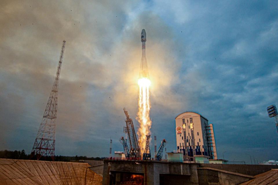 A Soyuz-2.1b rocket booster with a Fregat upper stage and the lunar landing spacecraft Luna-25 blasts off from a launchpad at the Vostochny Cosmodrome in the far eastern Amur region, Russia (Reuters)