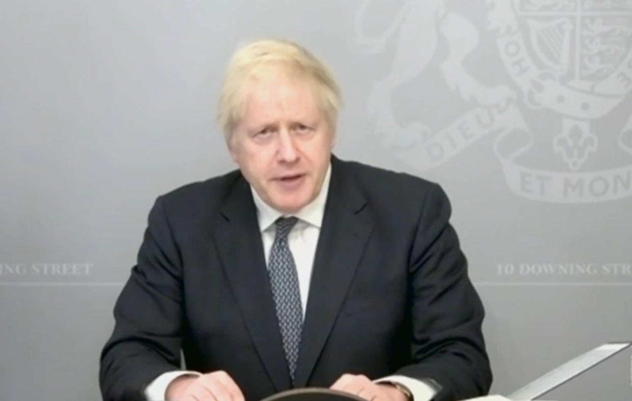 Prime Minister Boris Johnson gives a statement on the defence review via video link from 10 Downing Street.