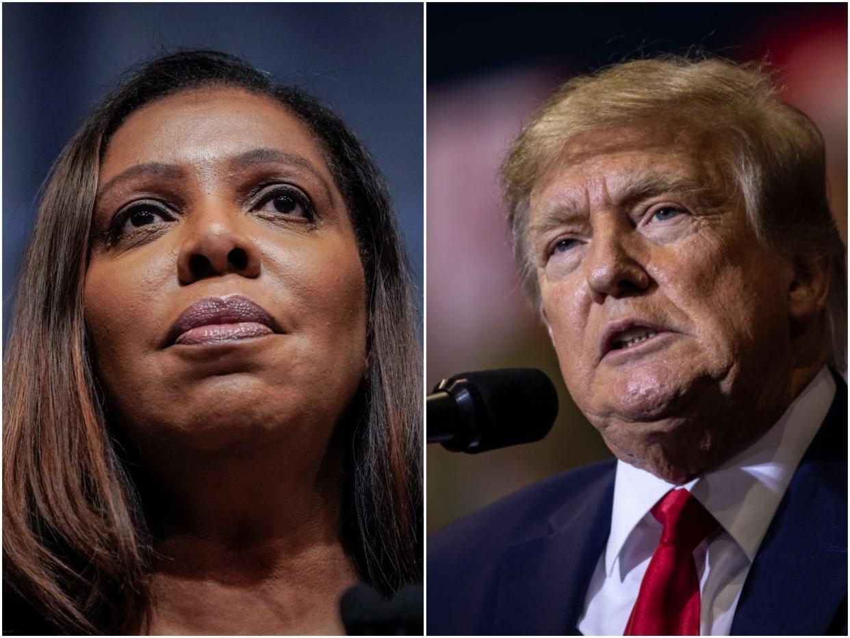 Letitia James, left. Donald Trump, right.