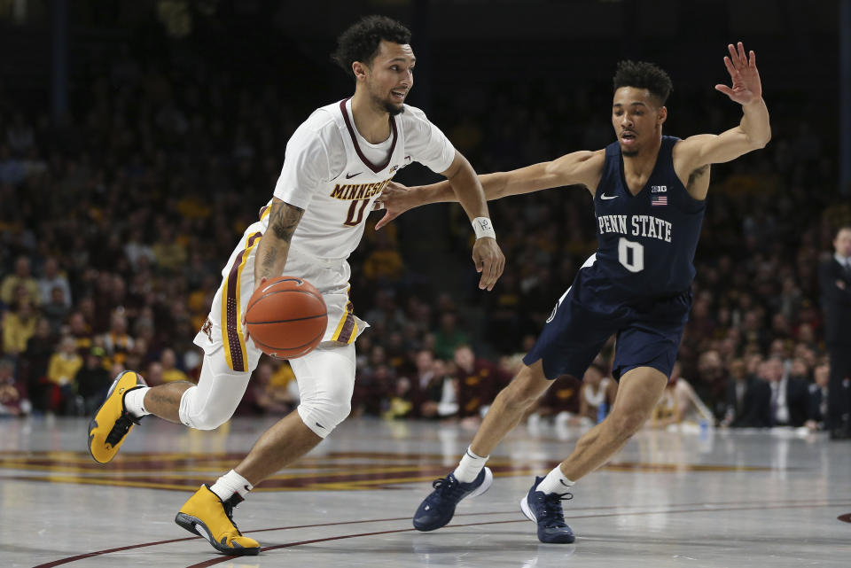 FILE - In this Jan. 15, 2020, file photo, Minnesota's Payton Willis drives the ball past Penn State's Myreon Jones during an NCAA college basketball game in Minneapolis. Willis is one of several transfers who joined new coach Ben Johnson’s team, after playing for Charleston last season. He was with Minnesota in 2019-20.(AP Photo/Stacy Bengs, File)