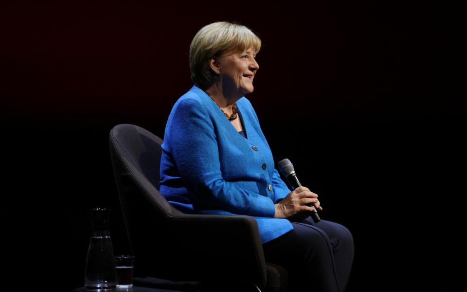 Former German Chancellor Angela Merkel in a conversation with journalist Alexander Osang on stage at the Berliner Ensemble theatre - Sean Gallup/Getty Images