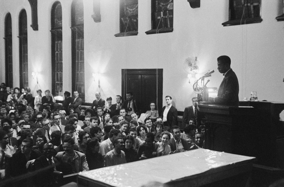 James Baldwin addresses an audience in a church, Oct. 1963.<span class="copyright">Mario Jorrin—Pix/Michael Ochs Archives/Getty Images</span>