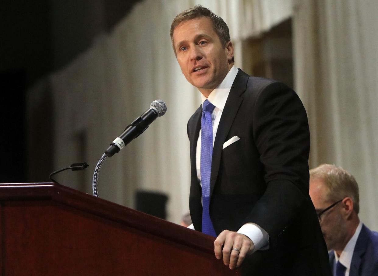 Gov. Eric Greitens delivers the keynote address at the St. Louis Area Police Chiefs Association 27th Annual Police Officer Memorial Prayer Breakfast on April 25, 2018, at the St. Charles Convention Center.