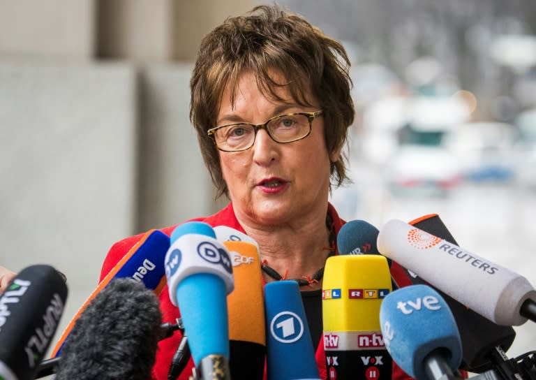 German economy minister Brigitte Zypries speaks to media outside Bundestag in Berlin, on March 6, 2017