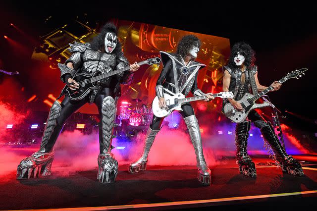 <p> Kevin Mazur/Getty Images for A&E</p> Gene Simmons, Tommy Thayer, and Paul Stanley of KISS perform onstage during the Tribeca Festival screening of 'Biography: KISStory' in June 2021 in New York City