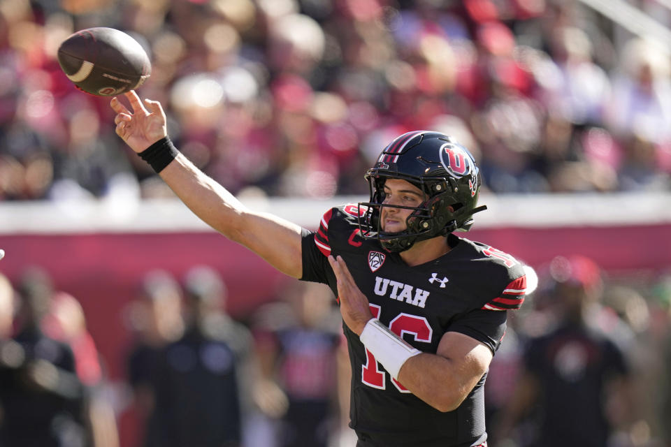 Utah quarterback Bryson Barnes (16) throws during the first half of an NCAA college football game against Arizona State Saturday, Nov. 4, 2023, in Salt Lake City. (AP Photo/Rick Bowmer)