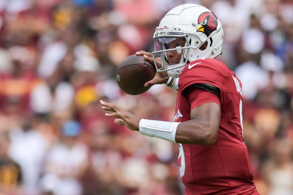 Arizona Cardinals quarterback Joshua Dobbs (9) throws during the first quarter against the Washington Commanders at FedExField on Sept. 10, 2023, in Landover, Maryland.