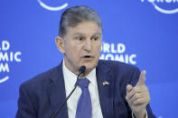 US Senator Joe Manchin talks at the World Economic Forum in Davos, Switzerland Thursday, Jan. 19, 2023. The annual meeting of the World Economic Forum is taking place in Davos from Jan. 16 until Jan. 20, 2023. (AP Photo/Markus Schreiber)