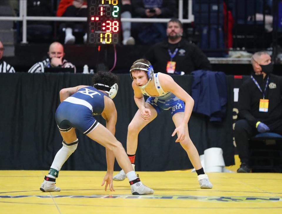 Valley Central's Luke Satriano wrestles Brentwood's Jason Euceda in the morning round of the NYSPHSAA wrestling championships at MVP Arena in Albany on Friday, February 25, 2022.