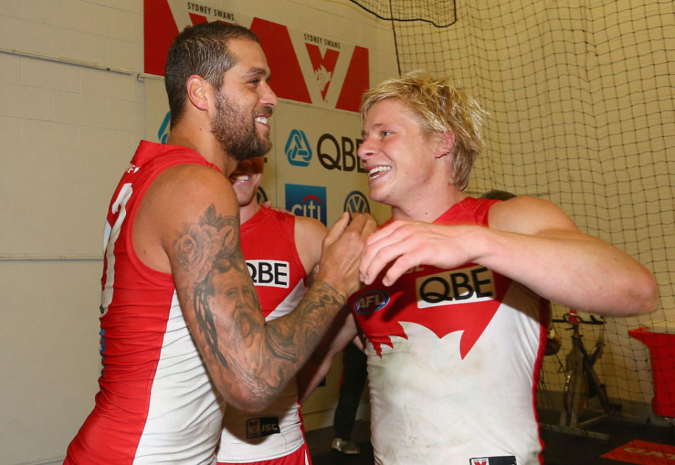 Lance Frankin and Isaac Heeney during the round nine AFL match between the Hawthorn Hawks and the Sydney Swans at Melbourne Cricket Ground on May 20, 2016 in Melbourne, Australia.