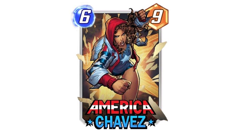 A image shows the Marvel Snap card America Chavez.