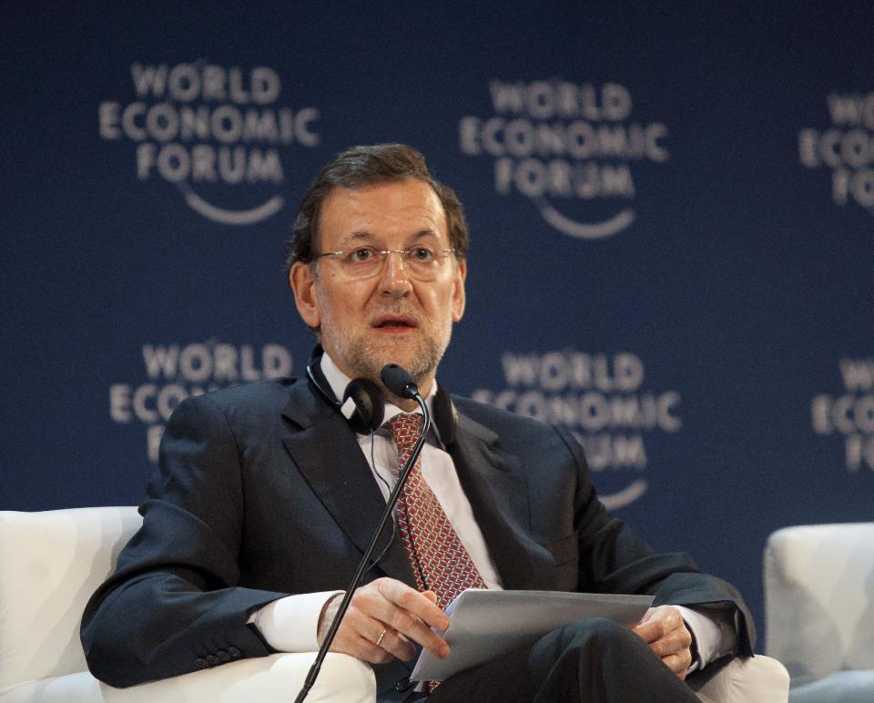 Spain's Prime Minister Mariano Rajoy speaks at the opening ceremony of the World Economic Forum (WEF) Latin America in Puerto Vallarta, Mexico, Tuesday April 17, 2012. Rajoy said Tuesday that Argentina’s nationalization of its Spanish-controlled leading energy company is unjustifiable and he’ll work to halt the takeover. (AP Photo/Bernardo De Niz)
