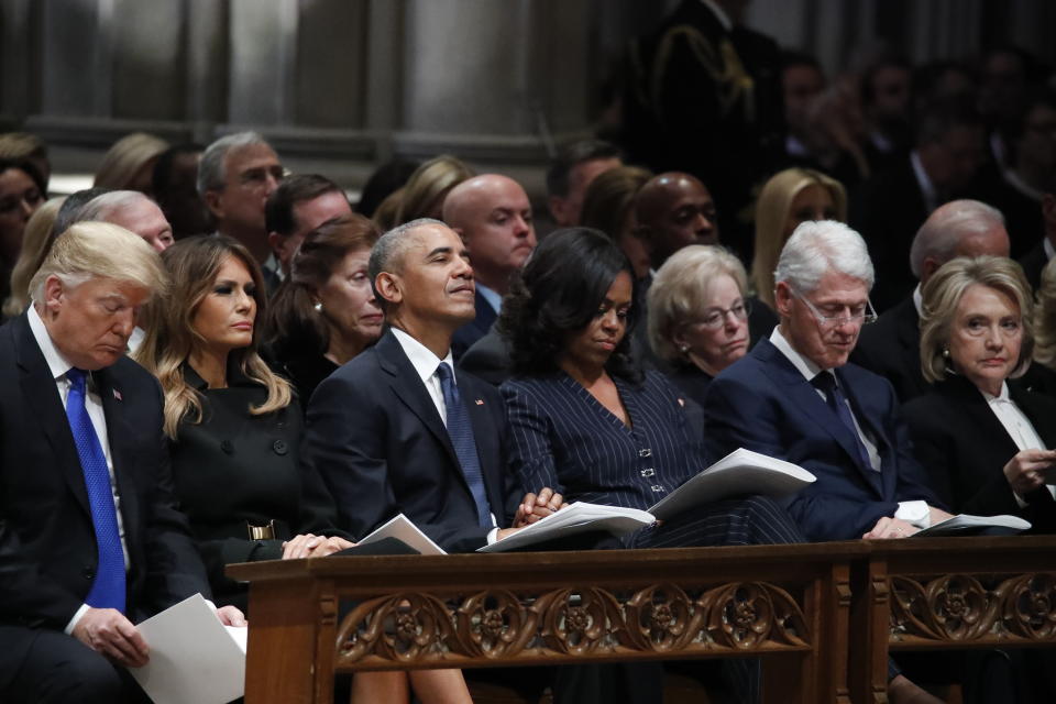 From left, President Donald Trump, first lady Melania Trump, former President Barack Obama, Michelle Obama, former President Bill Clinton and former Secretary of State Hillary Clinton listen during a State Funeral at the National Cathedral, Wednesday, Dec. 5, 2018, in Washington, for former President George H.W. Bush.(Photo: Alex Brandon, Pool/AP)