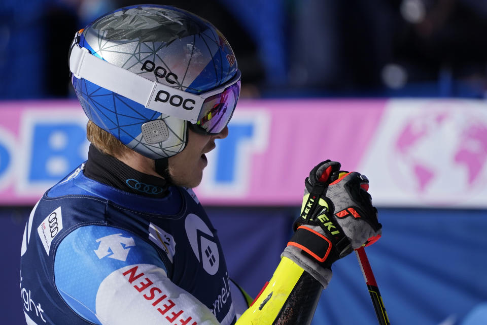 Switzerland's Marco Odermatt reacts after finishing his run during a men's World Cup super-G skiing race Thursday, Dec. 2, 2021, in Beaver Creek, Colo. (AP Photo/Gregory Bull)