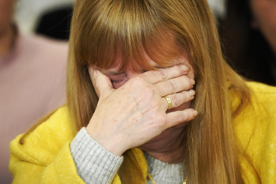 LIVERPOOL, ENGLAND - NOVEMBER 28: Margaret Aspinall, whose 18-year-old son James was killed in the disaster, becomes emotional during a press conference at the Cunard Building after former South Yorkshire police chief superintendent David Duckenfield was found not guilty of manslaughter at Preston Crown Court, on November 28, 2019 in Liverpool, England. The former South Yorkshire Police chief superintendent was on trial for the manslaughter of 95 of the 96 Liverpool fans who died as a result of a fatal crush during an FA Cup football match between Liverpool and Nottingham Forest that was played in Sheffield Wednesday's Hillsborough ground on 15 April 1986. A trial on the same charges earlier this year ended with the jury unable to come to a verdict.  The 96th death of Tony Bland could not be charged as he died more than a year and a day after the act that caused his death which was the law at the time. The families of the victims watched the court proceedings in Preston and at a live broadcast in the Cunard Building. (Photo by Christopher Furlong/Getty Images)