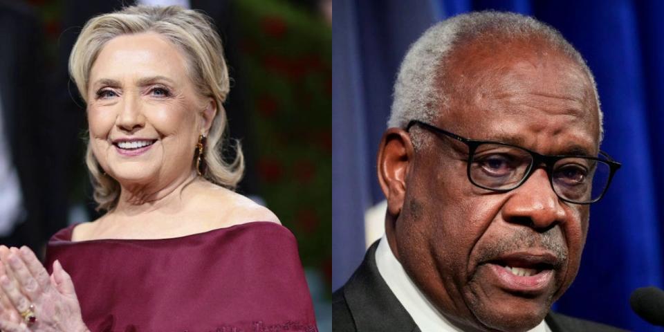 Hillary Clinton attends The 2022 Met Gala Celebrating "In America: An Anthology of Fashion" at The Metropolitan Museum of Art on May 02, 2022 in New York City. Associate Supreme Court Justice Clarence Thomas speaks at the Heritage Foundation on October 21, 2021 in Washington, DC.
