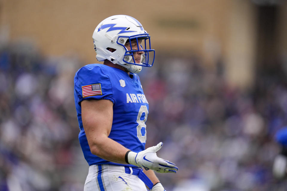 Air Force linebacker Bo Richter looks on after a play against James Madison during the first half of the Armed Forces Bowl NCAA college football game, Saturday, Dec. 23, 2023, in Fort Worth, Texas. (AP Photo/Julio Cortez)