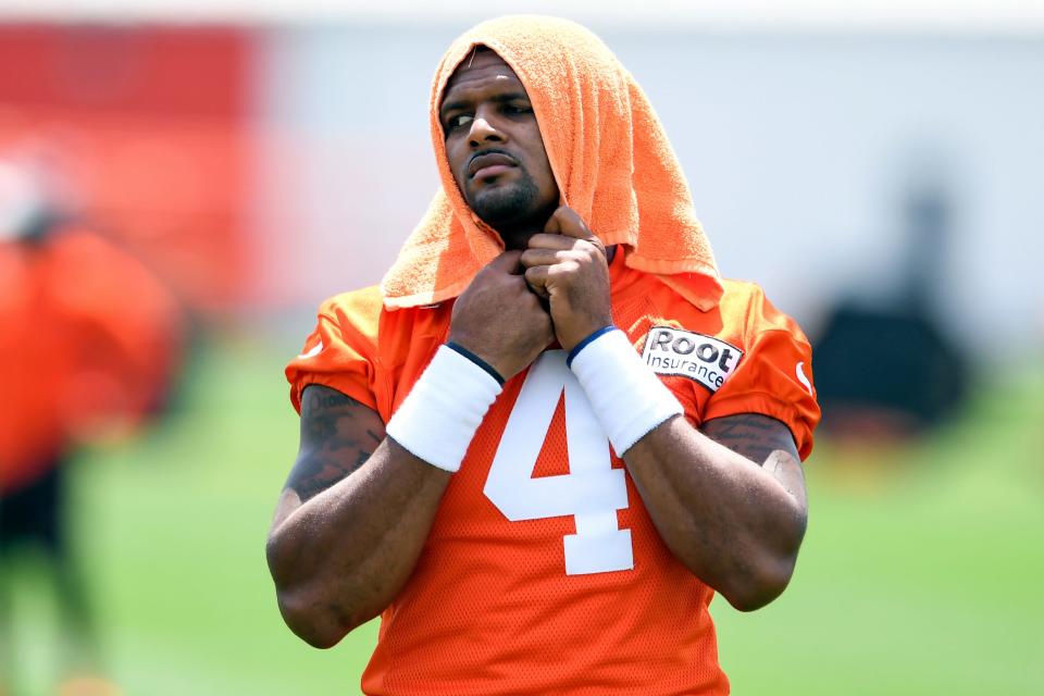 Deshaun Watson looks on during training camp on July 28.