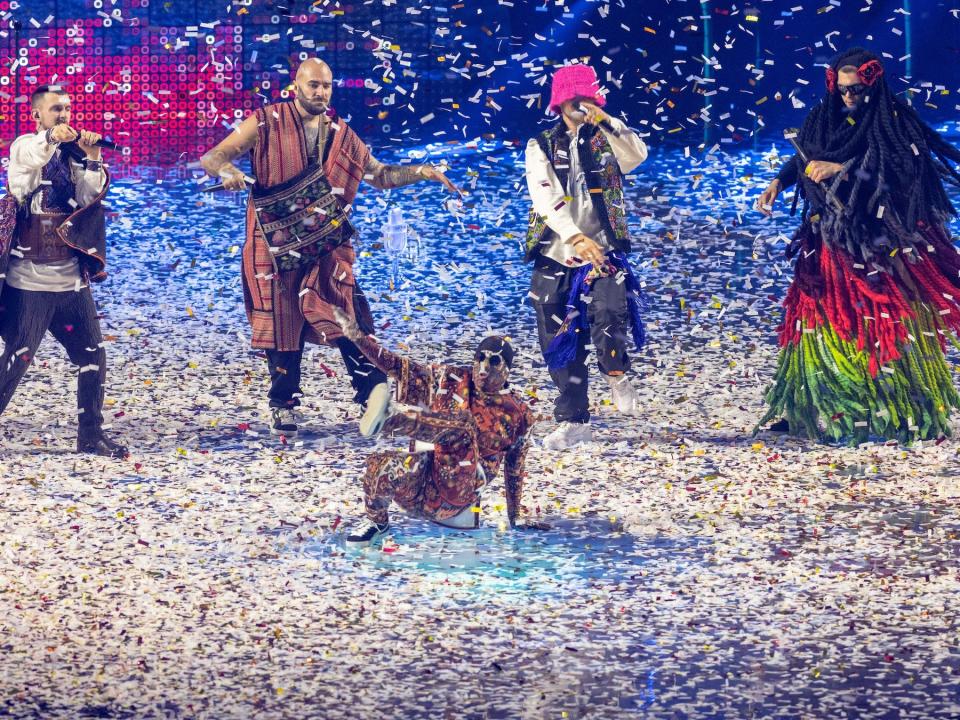 Eurovision 2022 winners Kalush Orchestra, representing Ukraine, perform again after winning the competition in Turin, Italy.
