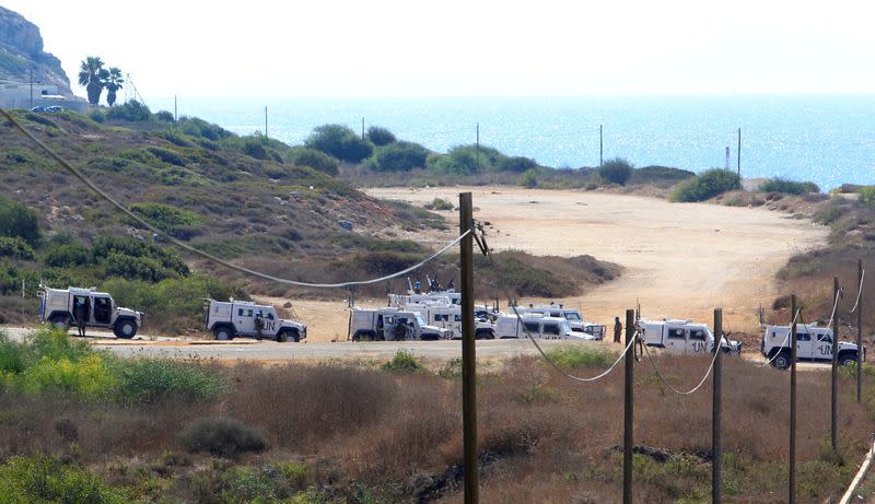 A convoy of UN peacekeepers (UNIFIL) vehicles patrol in Naqoura