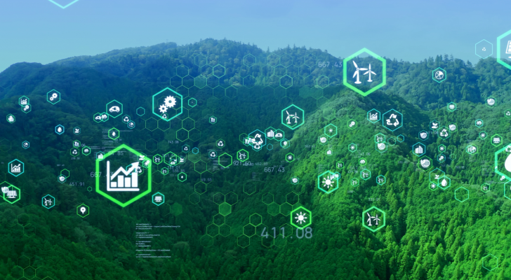 Environmental technology concept. Picture of mountains with icons of infrastructure on top of it. Infrastructure stocks.