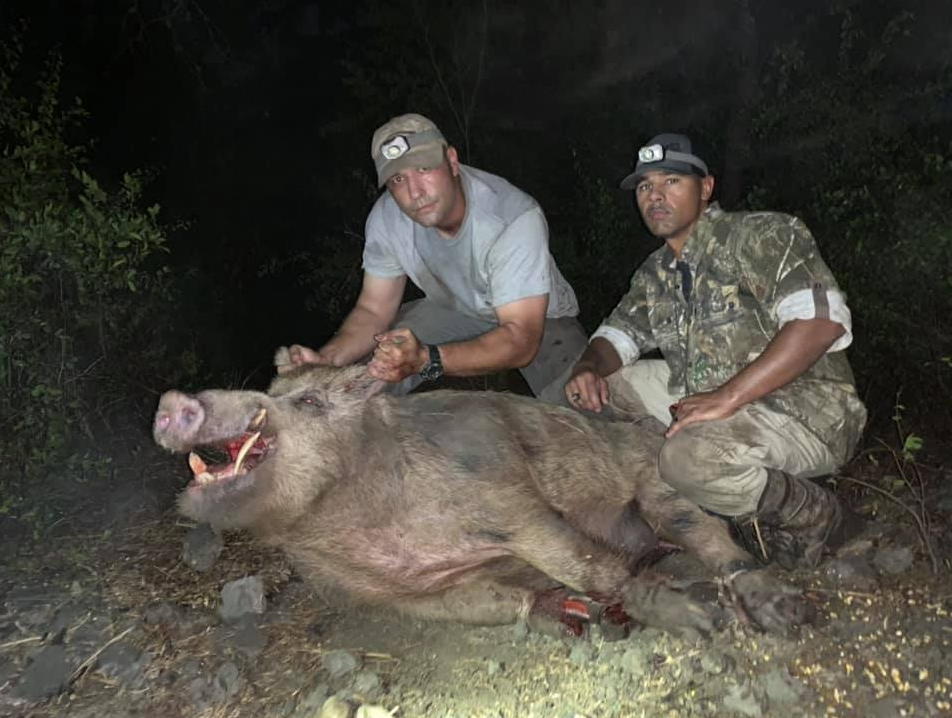 Mr Walton's crew pose with the feral hog. Source: Facebook/ Wyatt Walton
