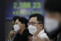 Currency traders watch computer monitors near the screen showing the Korea Composite Stock Price Index (KOSPI) at the foreign exchange dealing room in Seoul, South Korea, Friday, Sept. 11, 2020. Asian shares were mixed Friday following a selloff of technology shares on Wall Street. (AP Photo/Lee Jin-man)