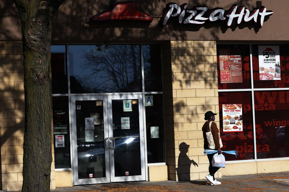 NEW YORK, NEW YORK - NOVEMBER 10: An exterior view of a Pizza Hut restaurant in the Canarsie neighborhood of Brooklyn on November 10, 2020 in New York City. On Tuesday, Pizza Hut in partnership with Beyond Meat became the first pizza franchise to offer a plant-based meat pizza across the United States. (Photo by Michael M. Santiago/Getty Images)