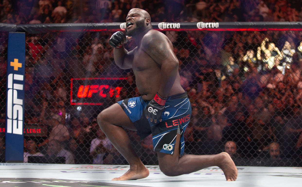 SALT LAKE CITY, UT - JULY 29:  Derrick Lewis celebrates his win over Marcos Rogerio de Lima during their Heavyweight fight at UFC 291 at the Delta Center July 29, 2023 at the  in Salt Lake City, Utah. (Photo by Chris Gardner/Getty Images)