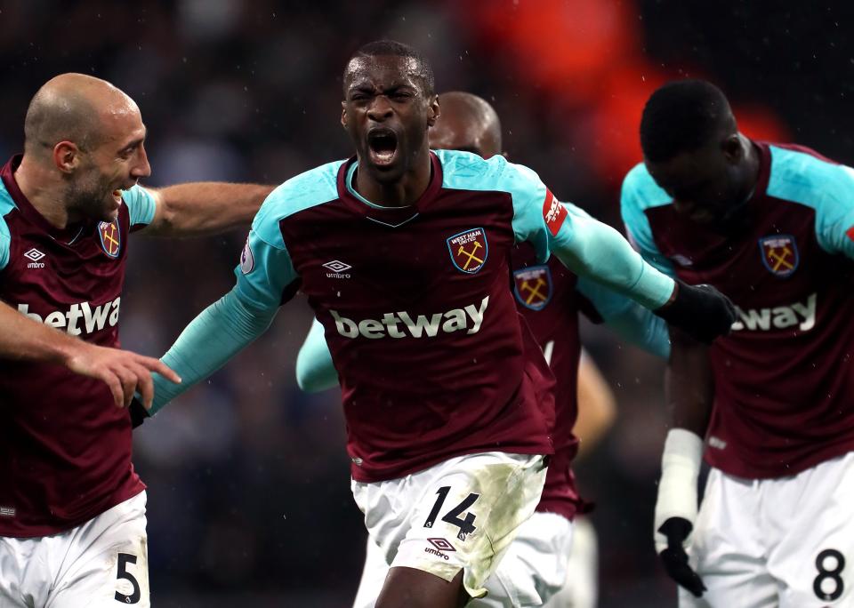 West Ham United’s Pedro Obiang celebrates scoring his side’s goal with Pablo Zabaleta (left) and Cheikhou Kouyate (right)