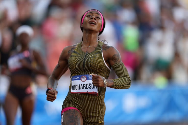 Sha'Carri Richardson reacts after winning the women's 100m final at the US Olympic athletics trials (Christian Petersen)