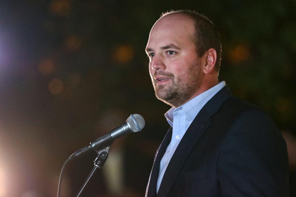 Fishers Mayor Scott Fadness spoke at a vigil remembering teachers Kristal Sergi and Frank Sergi, at Hoosier Road Elementary in Fishers, Ind., Thursday, Oct. 25, 2018. Kristal, a preschool teacher at Hoosier Road, and Frank, an art teacher at Fall Creek Intermediate, were found dead in their Fishers home Wednesday night, Oct. 24, 2018. The couple was amidst divorce proceedings and the police said they are not looking for a suspect in the deaths.