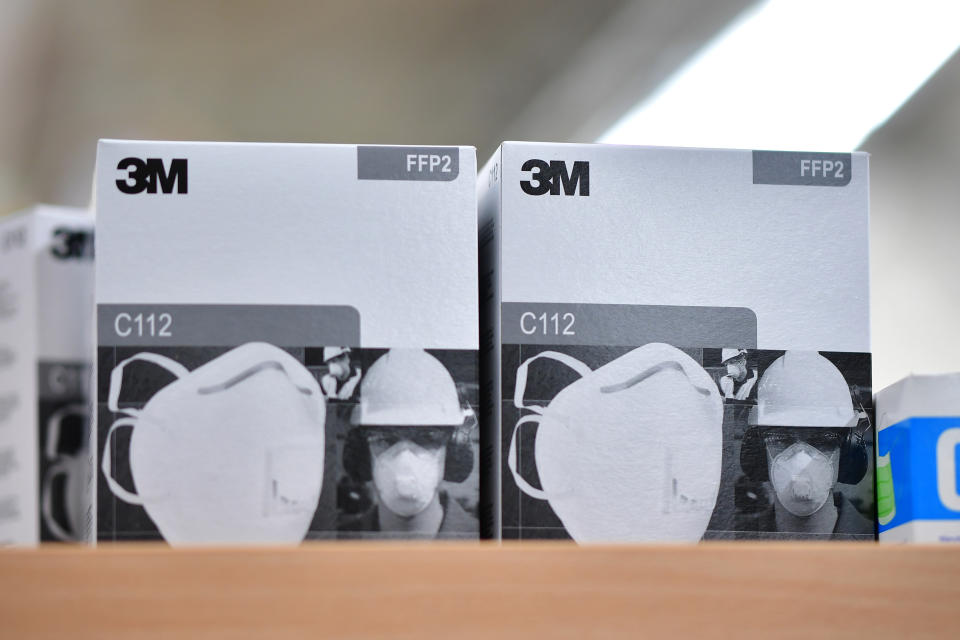 BLANKENBURG, GERMANY - APRIL 08: 3M FFFP2 face masks stand on a table at a Bundeswehr medical warehouse as the coronavirus crisis continues on April 8, 2020 in Blankenburg, Germany. The Bundeswehr is assisting in Germany's struggle to contain the spread of the virus by supplying hospitals with supplies necessary for treating patients suffering from COVID-19. (Photo by Alexander Koerner/Getty Images)