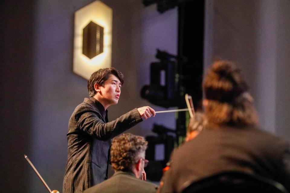 Savannah Philharmonic Music and Artistic Director Keitaro Harada leads the orchestra during an educational program for 5th graders on Thursday February 9, 2023 at the Johnny Mercer Theatre.