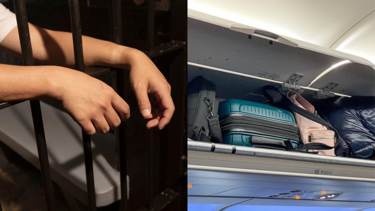 Hands in prison and overhead luggage on a plane collaging, illustrating a story on a Chinese national being jailed seven months for stealing from other passengers on a Cambodia Airways flight.