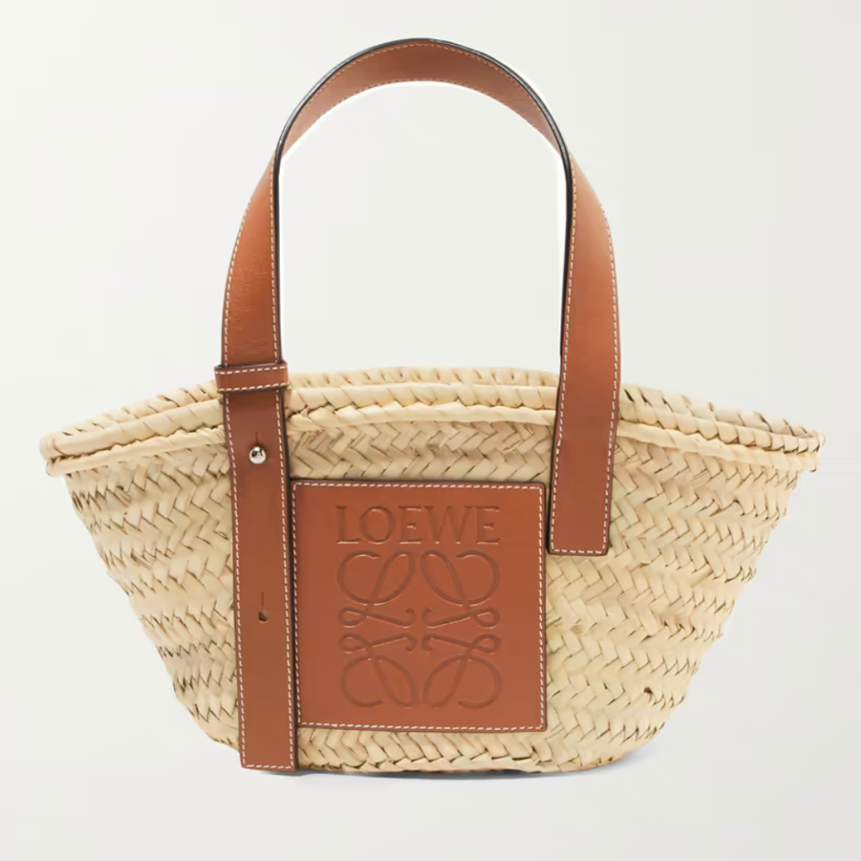 Loewe Small Leather-Trimmed Woven Raffia Tote